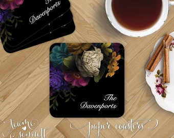 Baroque Paper Coasters - Personalized Disposable Drink Coasters - Dark Floral Pattern Monogrammed Wedding or Home Decor