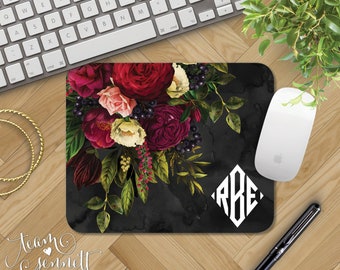 Renaissance Monogrammed Mousepad - Dark Floral Red Rose Bouquet Personalized Mouse Pad - Custom Printed Home Office Decor