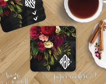 Renaissance Paper Coasters - Personalized Disposable Drink Coasters - Dark Red Rose Pattern Monogrammed Wedding or Home Decor