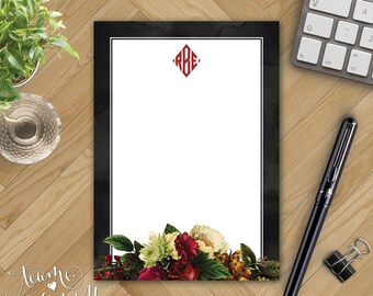 Renaissance Monogrammed Notepad - Dark Floral Personalized Note Pad - Custom Printed 5x7 Note Pad - Floral Memo Pad