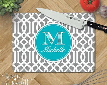 Lattice Monogrammed Glass Cutting Board - Preppy Personalized Kitchen Decor - Custom Printed Home or Wedding Gift - Rectangular or Round