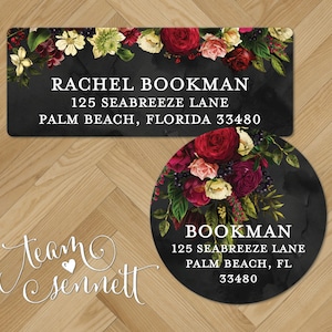 Renaissance Return Address Labels - Dark Red Rose Floral Address Stickers - Personalized Envelope Seals - Round or Rectangle Labels