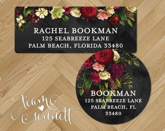 Renaissance Return Address Labels - Dark Red Rose Floral Address Stickers - Personalized Envelope Seals - Round or Rectangle Labels