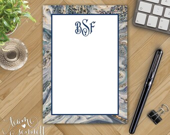 Ocean Marble Monogrammed Notepad - Personalized Stationery - Custom Printed Note Pad - Blue, Gray and Tan Faux Stone Pattern Memo Pad