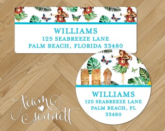 Tiki Dreams Return Address Labels - Tropical Address Stickers with Hula Girls - Personalized Envelope Seals - Round or Rectangle Labels