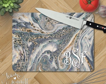 Ocean Marble Personalized Glass Cutting Board - Monogrammed Kitchen Gift - Rectangular or Round