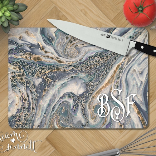 Ocean Marble Personalized Glass Cutting Board - Monogrammed Blue and Gray Kitchen Decor - Wedding or New Home Gift - Rectangular or Round