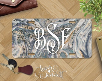 Ocean Marble Monogrammed License Plate - Blue Faux Stone Swirl Pattern - Personalized Aluminum Car Front Vanity Plate - Custom Auto Decor