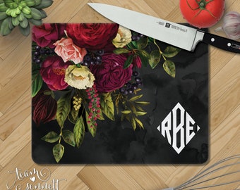 Renaissance Monogrammed Glass Cutting Board - Personalized Dark Red Rose Kitchen Decor - Wedding or New Home Gift - Rectangular or Round