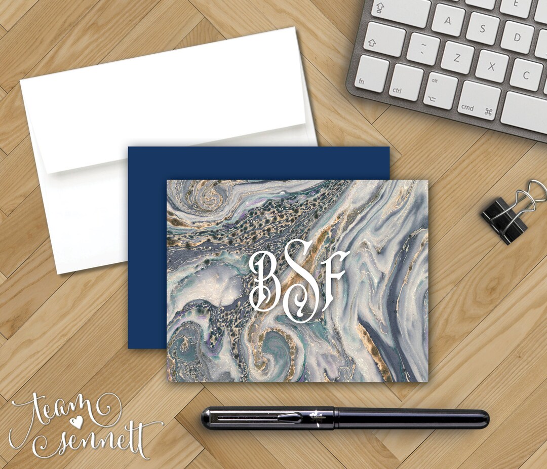 Ocean Marble Monogrammed Notecards - Personalized Blue, Gray and Tan ...