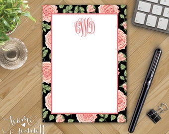 Victorian Rose Monogrammed Notepad - Modern Preppy Personalized Stationery - Custom Printed Note Pad - Black and Pink Floral Pattern