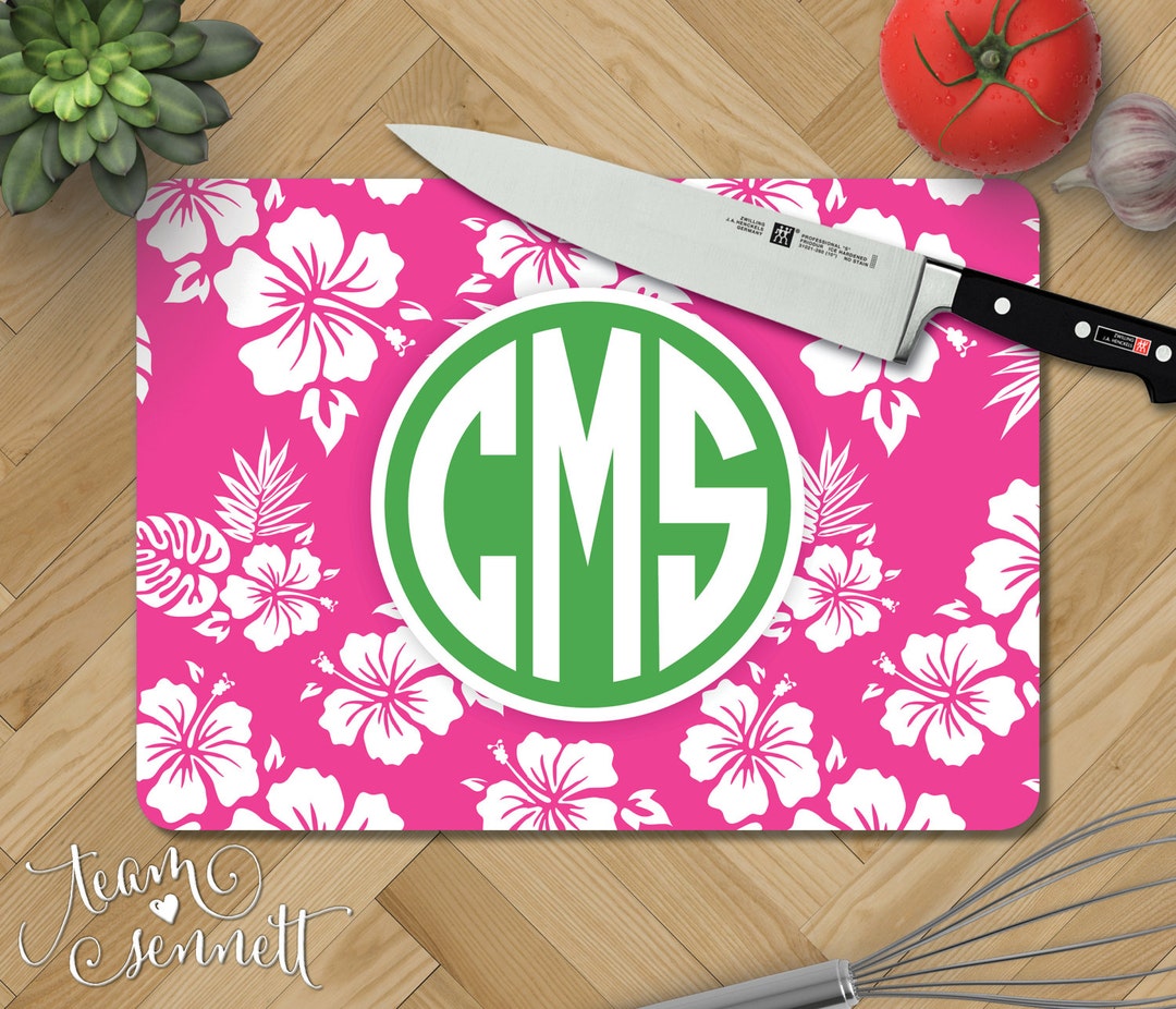Hawaiian Monogrammed Glass Cutting Board Personalized Tropical Kitchen