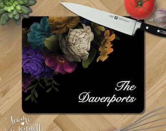 Baroque Personalized Glass Cutting Board - Monogrammed Dark Floral Kitchen Decor - Wedding or New Home Gift - Rectangular or Round