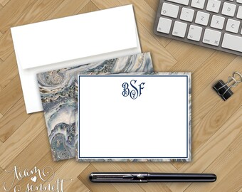 Ocean Marble Monogrammed Flat Notecards