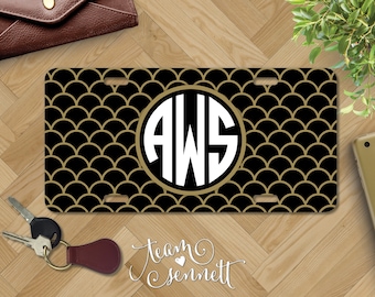 Deco Personalized License Plate - Art Deco Circle Pattern Monogrammed Aluminum Car Vanity Plate - Custom Printed Auto Decor - Unisex Gift