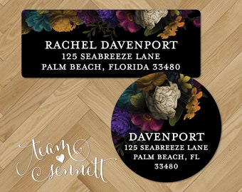 Baroque Return Address Labels - Dark Floral Address Stickers - Personalized Envelope Seals - Round or Rectangle Labels