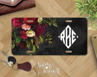 Renaissance Monogrammed License Plate - Dark Red Rose Floral Pattern Personalized Car Vanity Plate - Custom Floral Bouquet Auto Decor