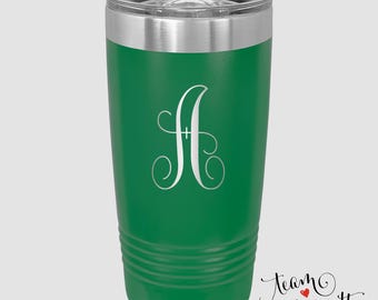 Script Monogram Travel Mug - 20 ounce Laser Engraved Insulated Tumbler