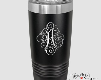 Fancy Monogram Travel Mug - 20 ounce Laser Engraved Insulated Tumbler