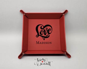 Love Heart Personalized Leatherette Snap Corner Tray - Laser Etched Valentine's Day Gift