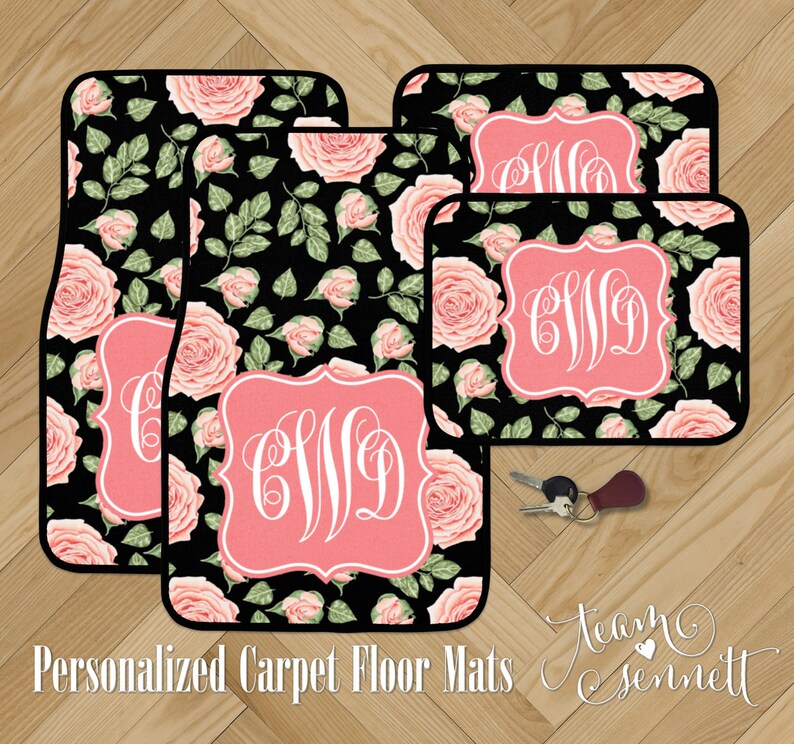 Victorian Rose Monogrammed Car Floor Mats Black And Pink Etsy