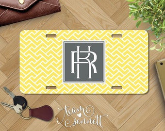 Zig Zag Monogrammed License Plate - Geometric Pattern Personalized Aluminum Car Vanity Plate - Custom Printed Auto Decor - Automotive Gift