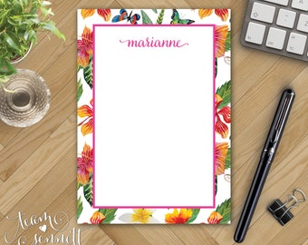 Tropical Flowers Personalized Notepad - Modern Preppy Monogrammed Stationery - Custom Note Pad - Hibiscus and Plumeria Floral Pattern