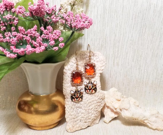 Earrings Handcrafted Adorable Kitten Design With Topaz Crystal Connectors Goldplated French Earwires For Comfort FREE Domestic SHIPPING