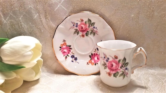 Vintage Hammersley Demitasse Cup and Saucer, Pink Rose Floral, Fine Bone China