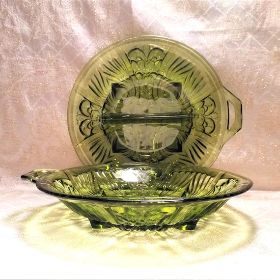 Avocado Green Glass Relish Dishes Vintage Set Of Two Detailed Design Beautiful Serving Dishes Always FREE Domestic SHIPPING