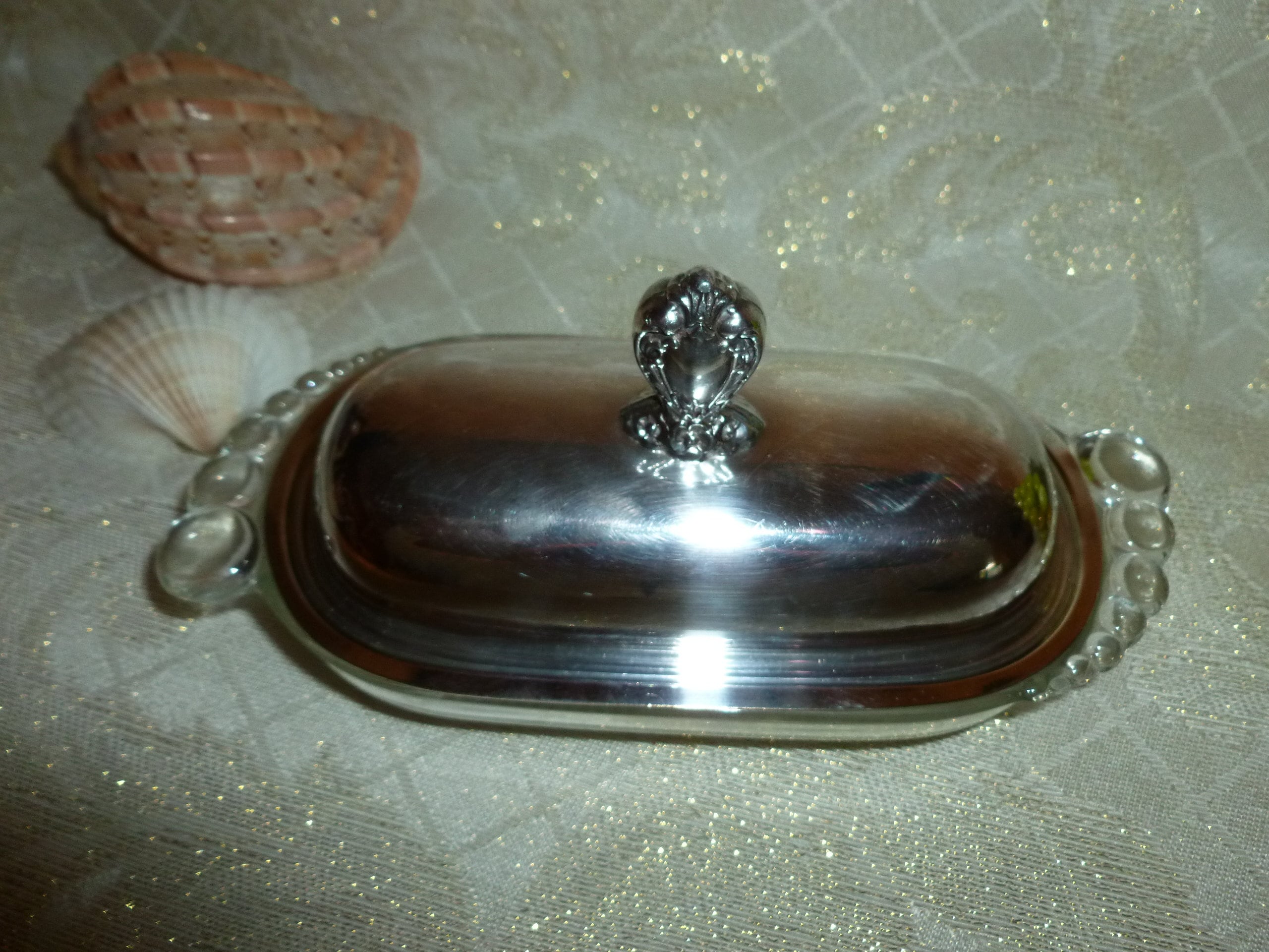 Vintage Butter Dish Rogers Bros 1847 IS Lid Heart Finial Stainless Steel With Lovely Ornate