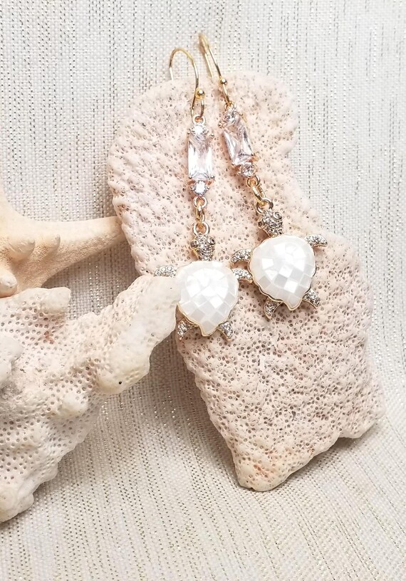 Earrings Handcrafted By Carmel Collectibles Beautiful Shell Turtles Gold Plated With Crystal Tops Always FREE Domestic SHIPPING