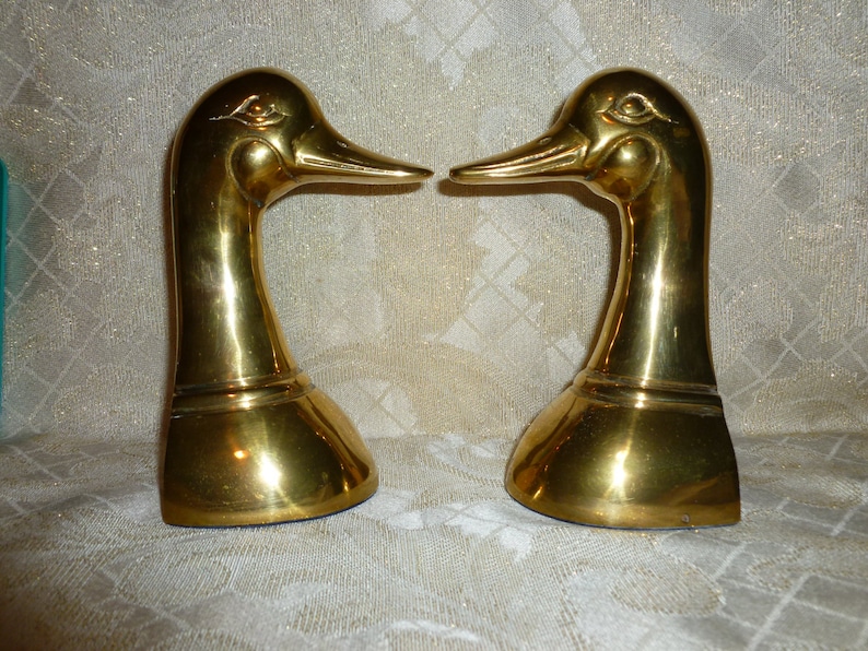 Brass Tall Duck Head Bookends Felt Bottoms Classic Style Etsy