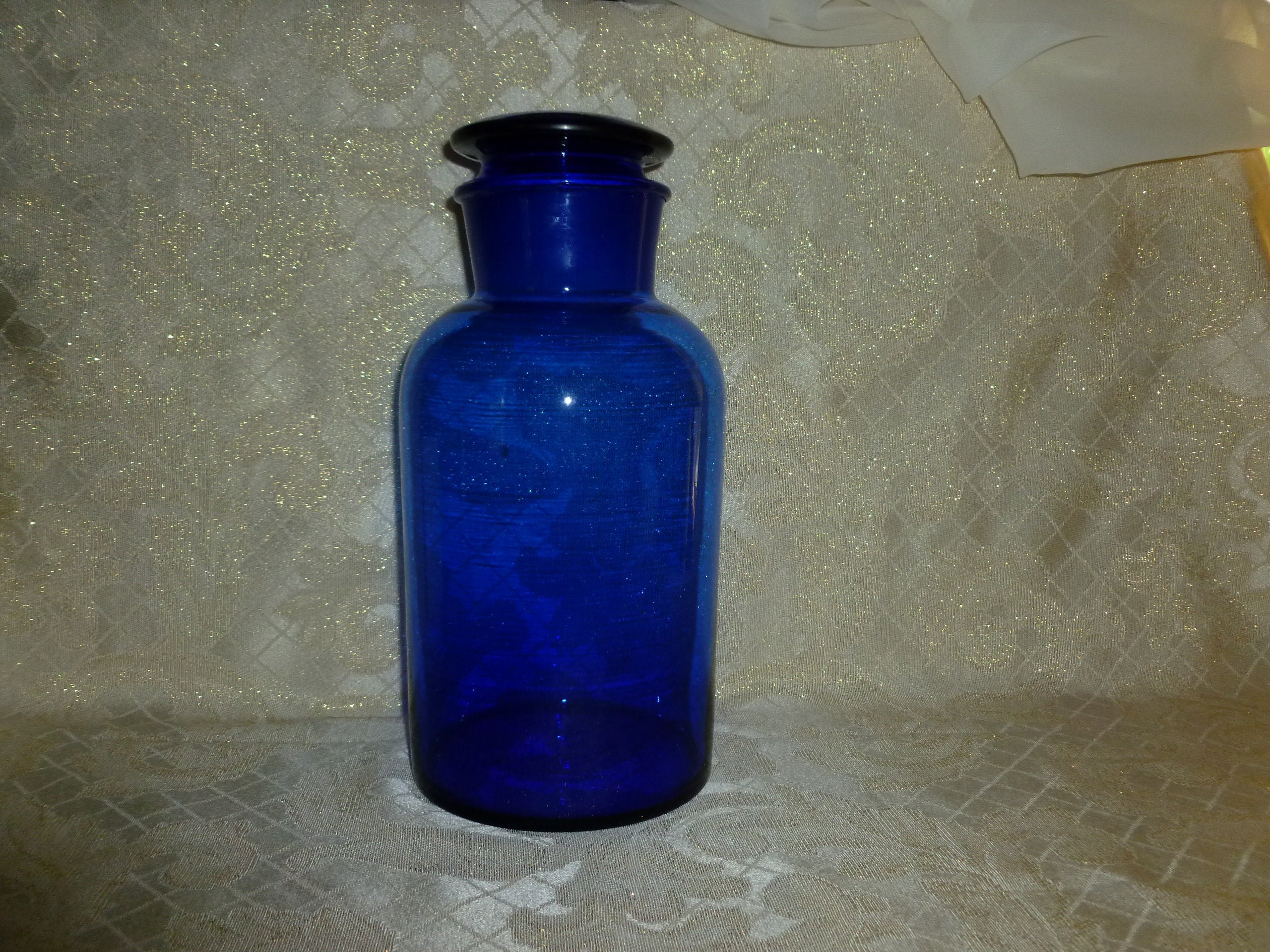 Cobalt Blue Glass Large Apothecary Jar With Large Stopper Lid Vintage Collectible Cobalt Glass