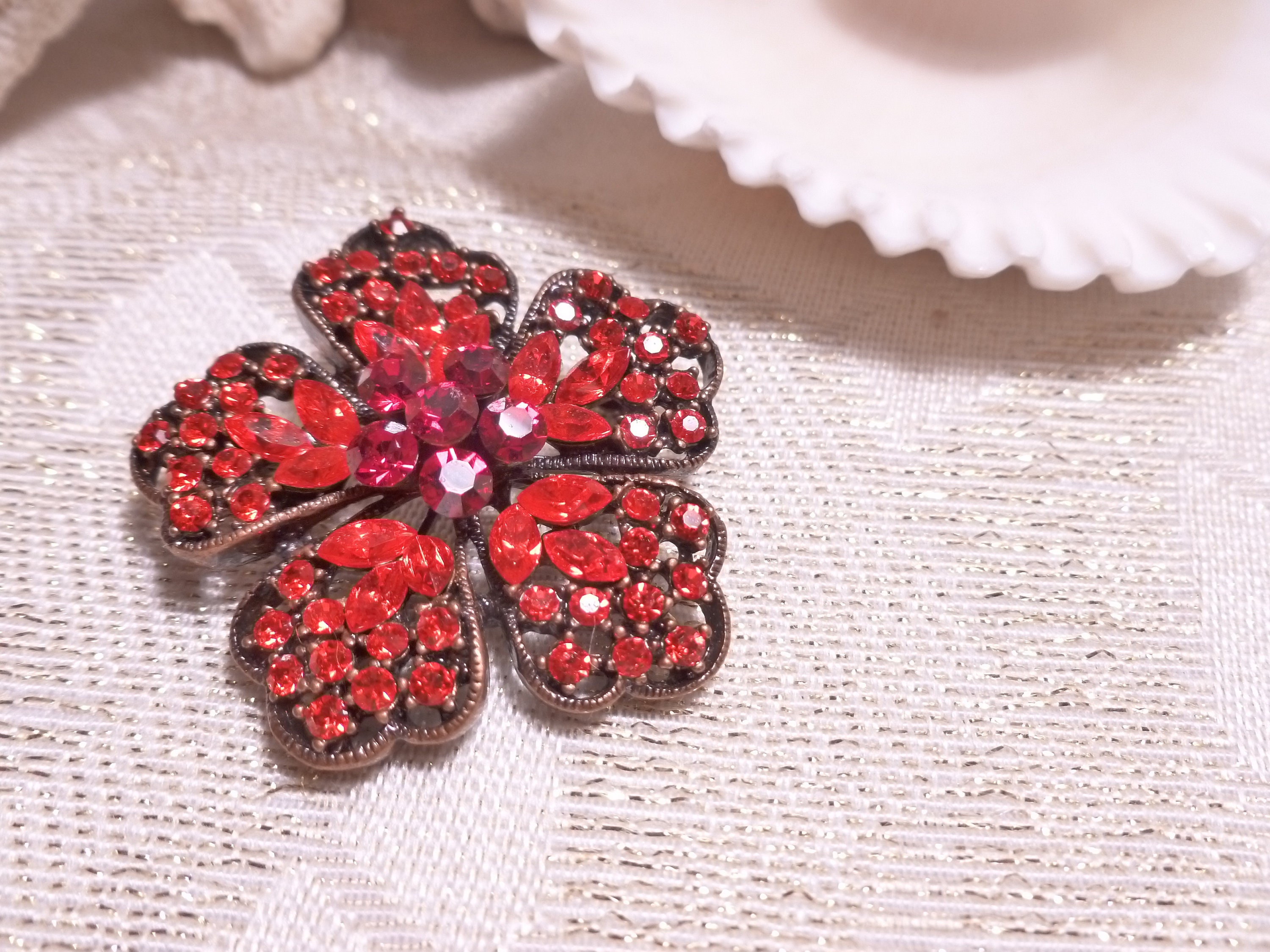 Bright Red Floral Brooch Elegant Crystals And Rhinestones Copper