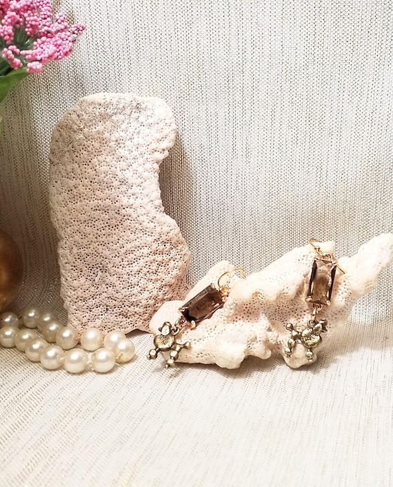 Earrings Handcrafted Elegant Style Clear Brown Crystals With Adorable Bronze Poodle Charms Goldplated French Earwires FREE Domestic SHIPPING