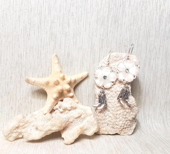 Western Wedding Earrings  White Floral Silver Cowgirl Boots Always FREE Domestic SHIPPING