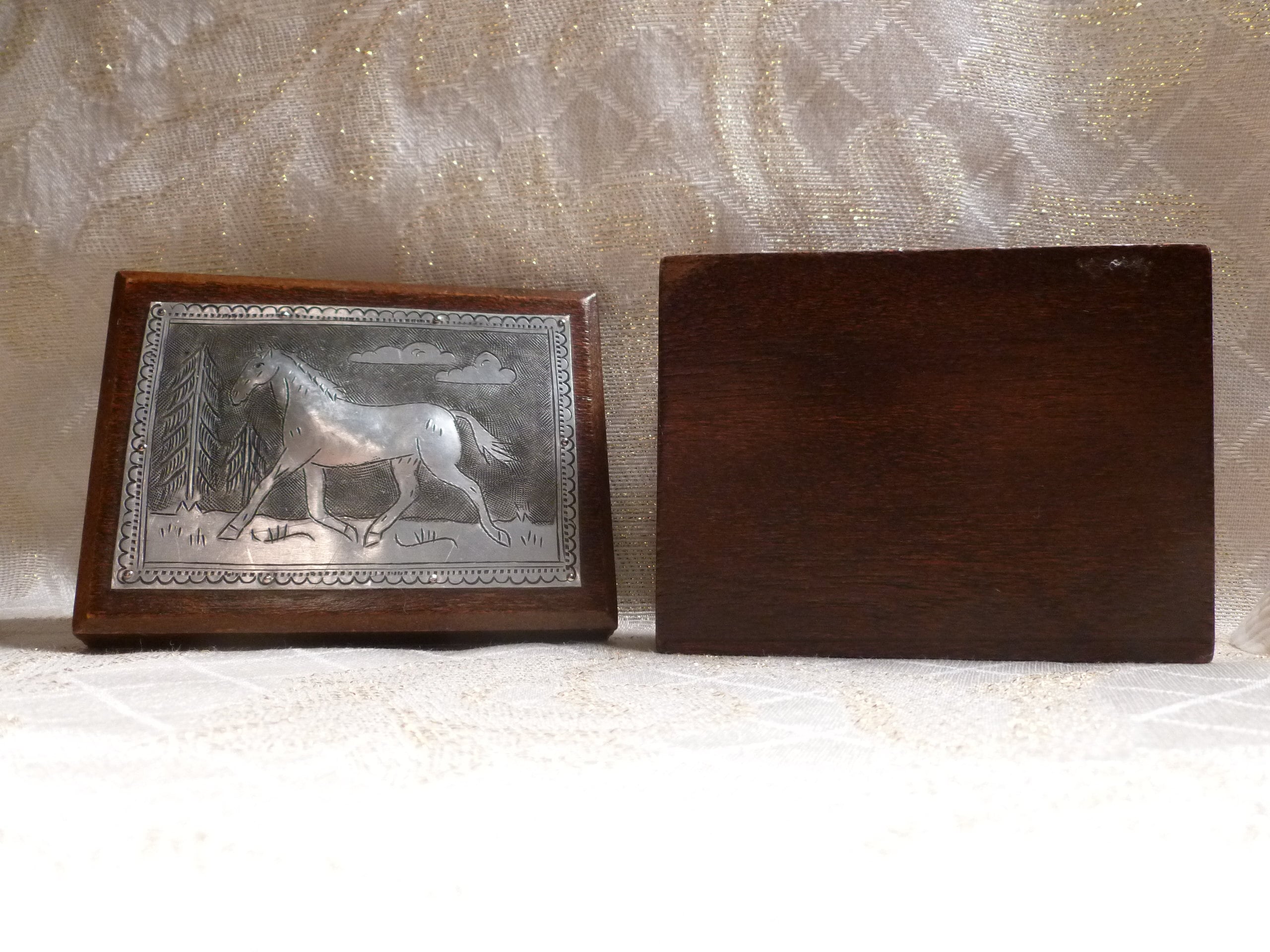 Horse Designed Vintage Wooden Box With Lid Tooled Silver Aluminum Top