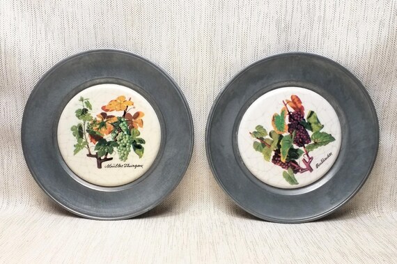 Pewter Plates Hallmarked Decorative Vintage Crackle Porcelain Grape Designs Each Different Farmhouse Decor Always FREE Domestic SHIPPING