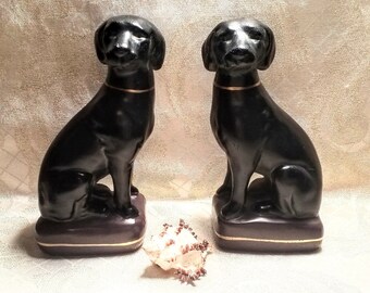 Vintage 1920s Black Labradors On Brown Cushions Bird Dog Book End Pair Home Office Or Cabin Decor Great Gifts Always FREE Domestic SHIPPING