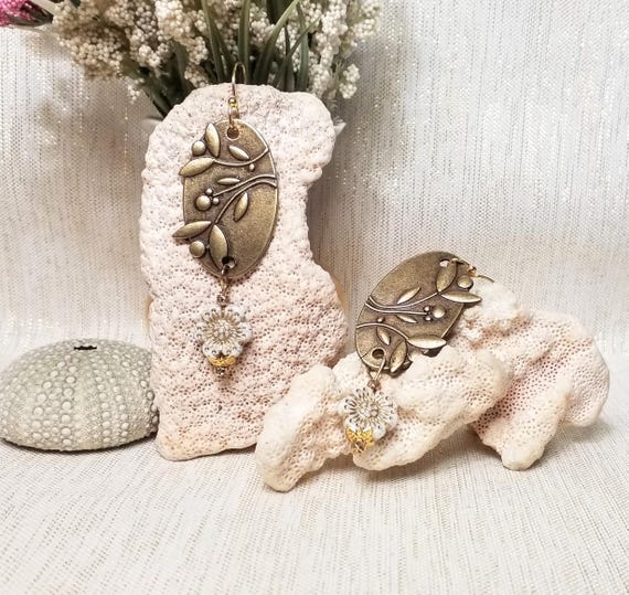 Handcrafted Bronze Floral Earrings Czech Glass Flowers Exceptional One Pair Only Perfect For Gift Jewelry Always FREE Domestic SHIPPING