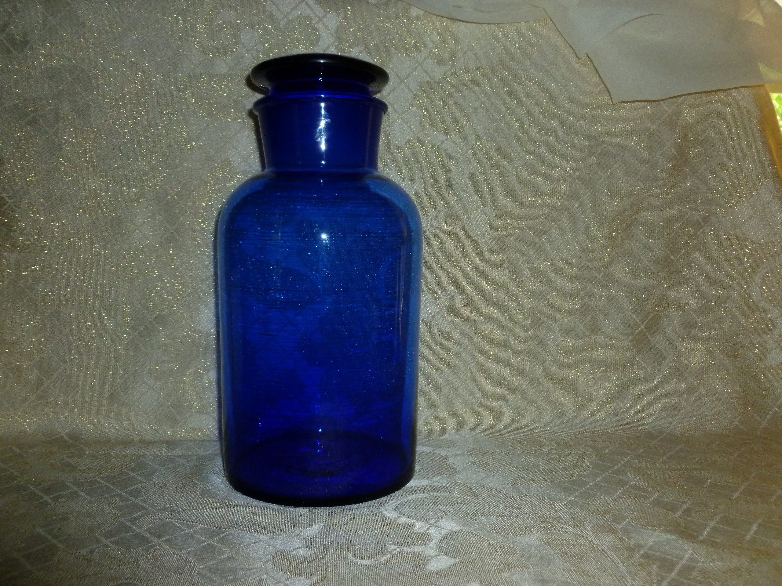 Cobalt Blue Glass Large Apothecary Jar With Large Stopper Lid Vintage Collectible Cobalt Glass