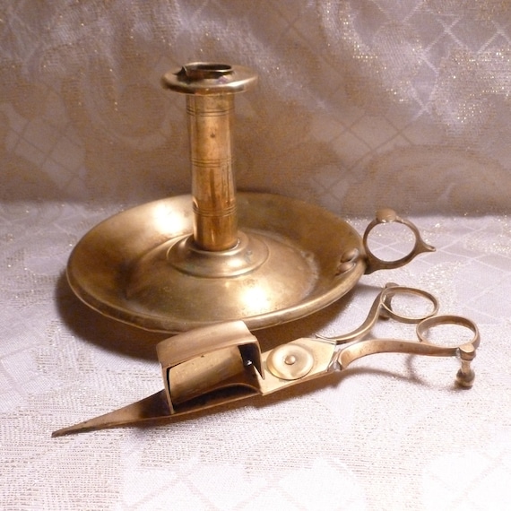 Farmhouse Style Antique Candlestick Holder And Snuffer Scissors Both Collectible Antique Brass Aways FREE Domestic SHIPPING