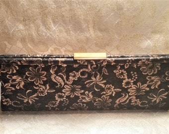 Vintage Clutch Sophisticated Black Brocade With Golden Thread Pretty Floral Pattern Perfect Special Occasions Always FREE Domestic SHIPPING