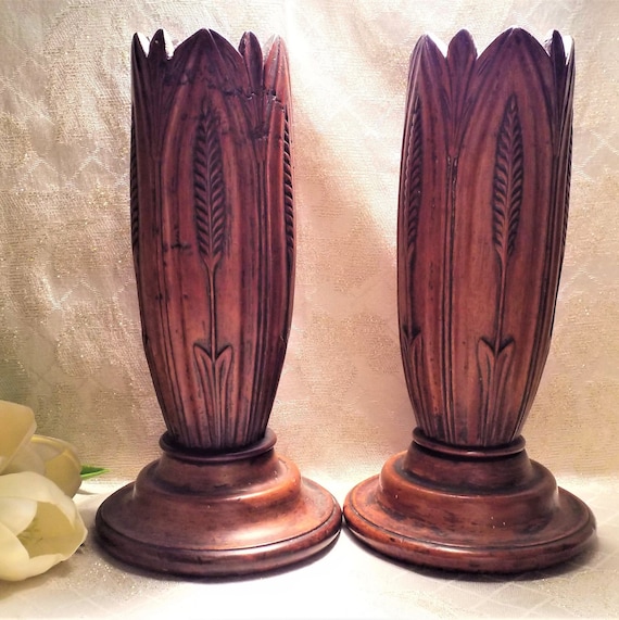 Antique Pair Carved Wooden Flower Vase Sleeves Or Pillar Candleholders Beautiful Victorian Decor Exceptional  Always FREE Domestic SHIPPING