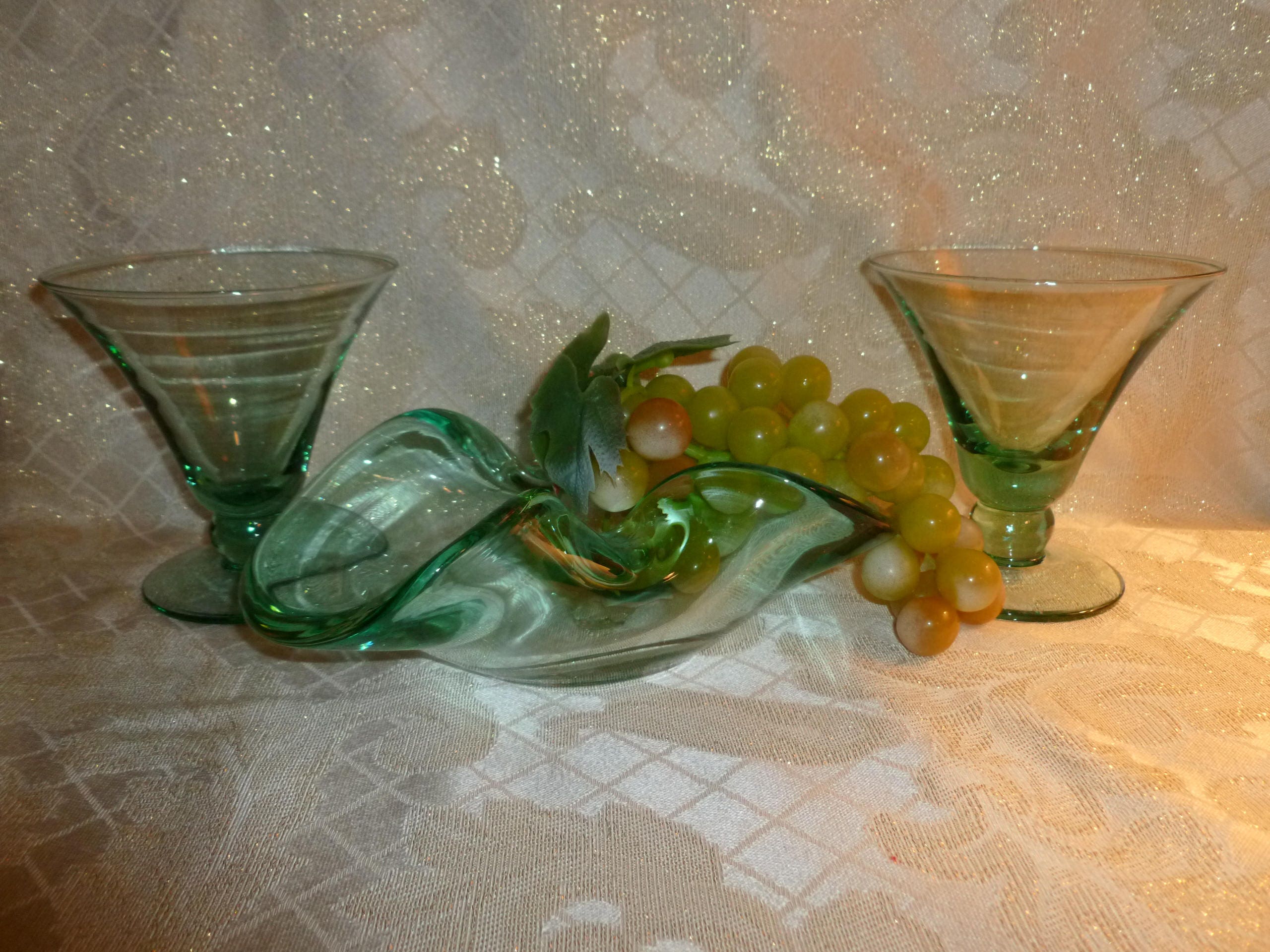 Vintage Hand Made Light Green Glass Martini Glasses With Matching Ash