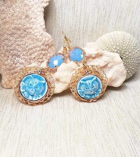 Earrings Handcrafted Cute Kitten Style In A Elegant Baby Blue Color Always FREE Domestic SHIPPING
