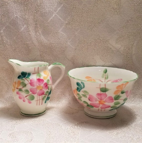 Made In England Creamer And Sugar Bowl Sutherland Bone China Bright Floral Design Chartreuse Trim Fine China Always FREE Domestic SHIPPING