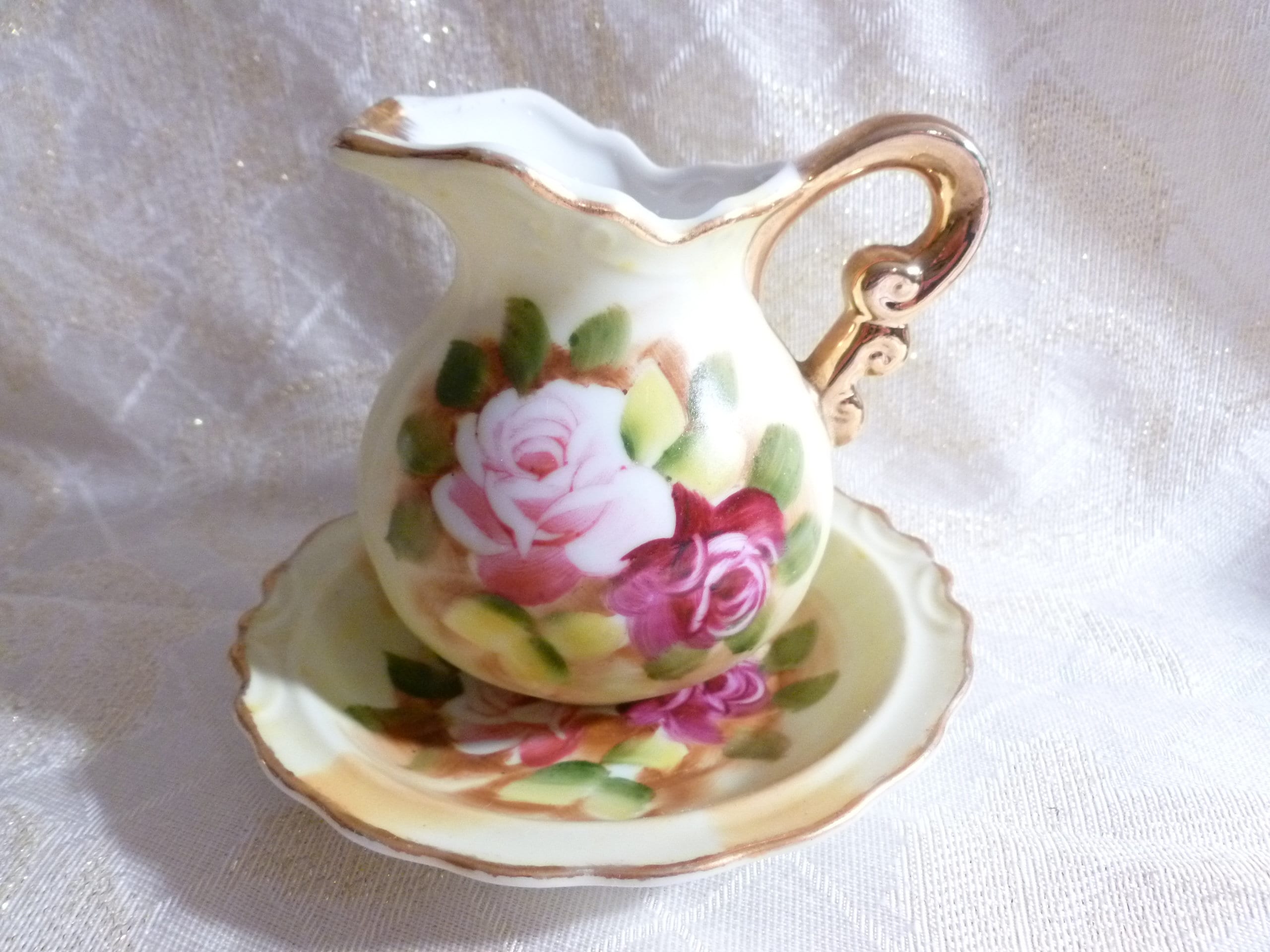 Vintage Enesco Porcelain Small Pitcher With Matching Saucer Elegant