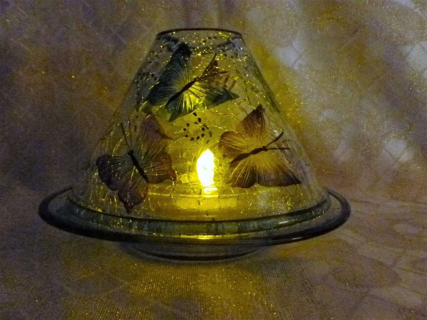 Crackle Glass Butterfly Candle Holder Beautiful Design Colorful